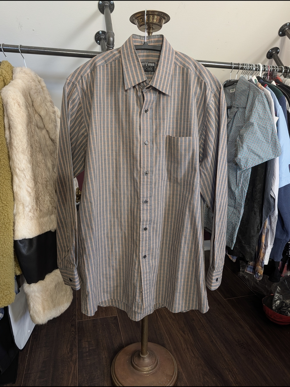 PETER ARMANI Bespoke Men's Plaid Long-Sleeve Dress Shirt in Brown and Orange